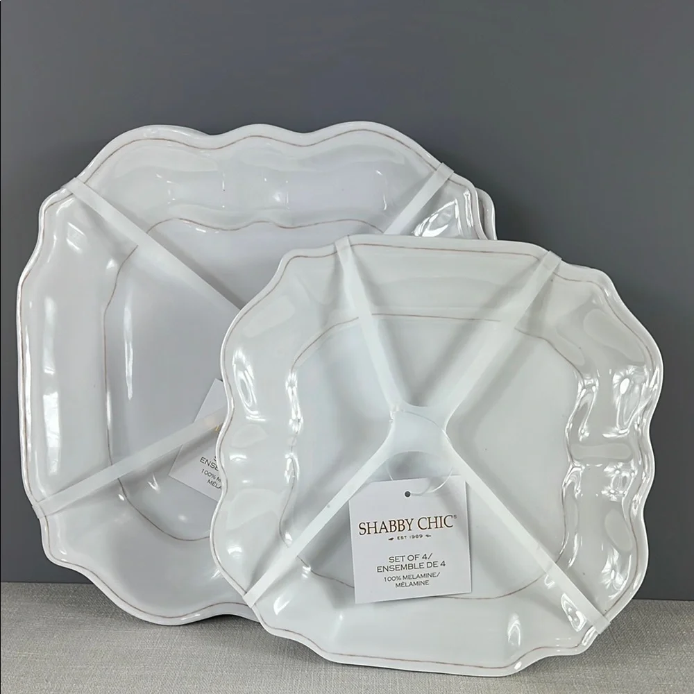 Shabby Chic Melamine Plates 8 pc Set 4 Dinner 4 Salad White Tan Edge NEW